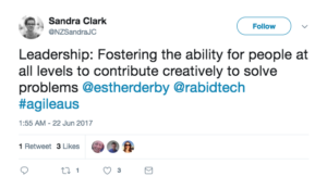 A tweet from Sandra Clark saying the following: Leadership: Fostering the ability for people at all levels to contribute creatively to solve problems