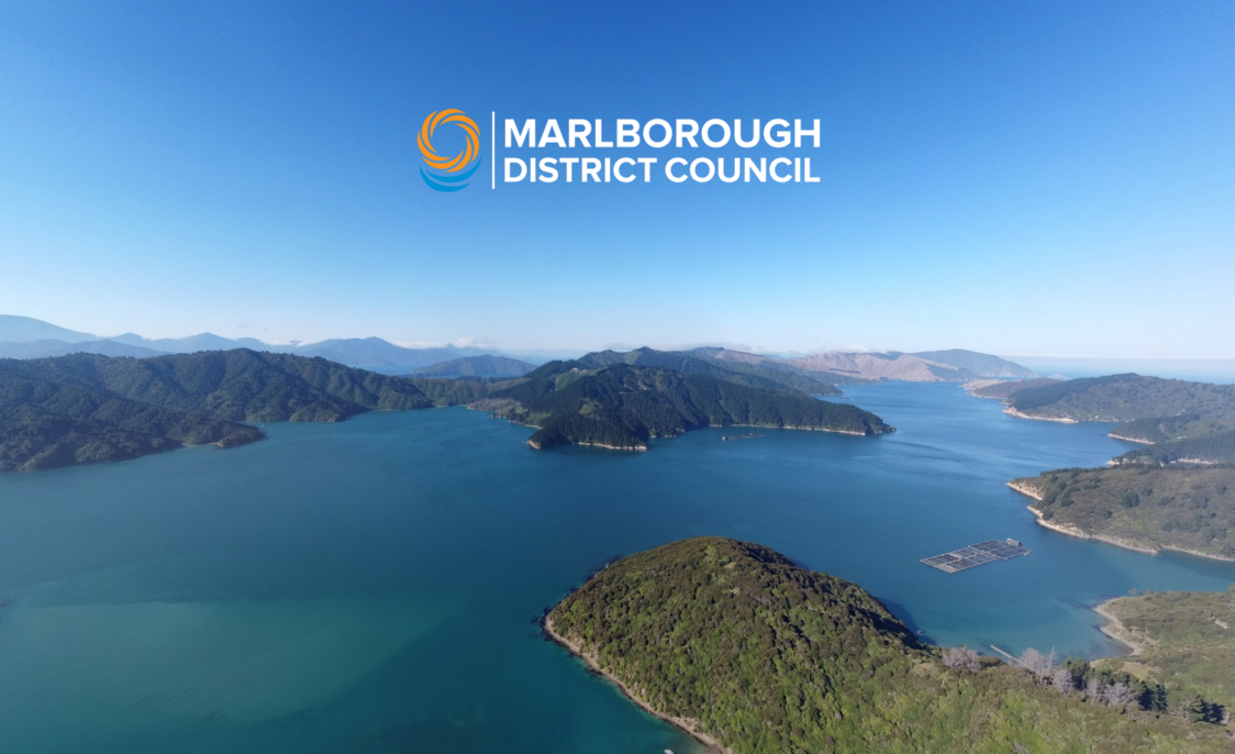 Picture of Marlborough water ways and inlets with Marlborough District Council logo.