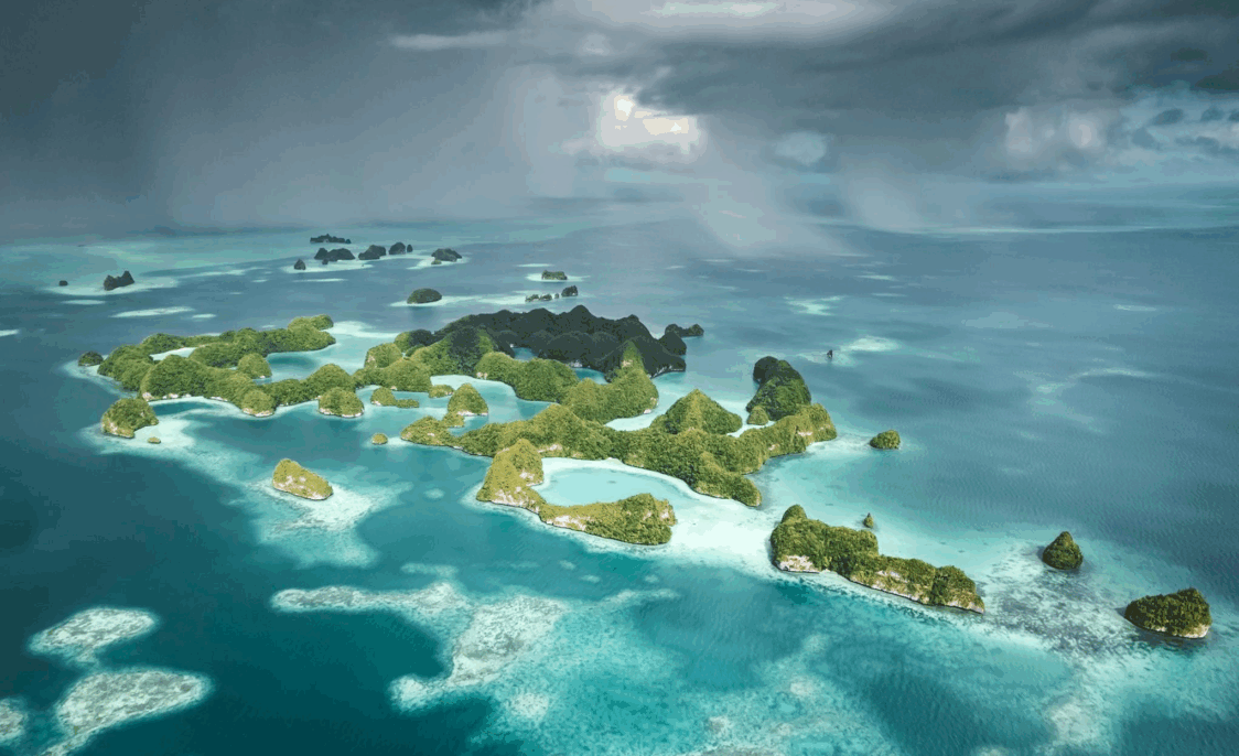 Picture of islands taken from the air with Ackama logo