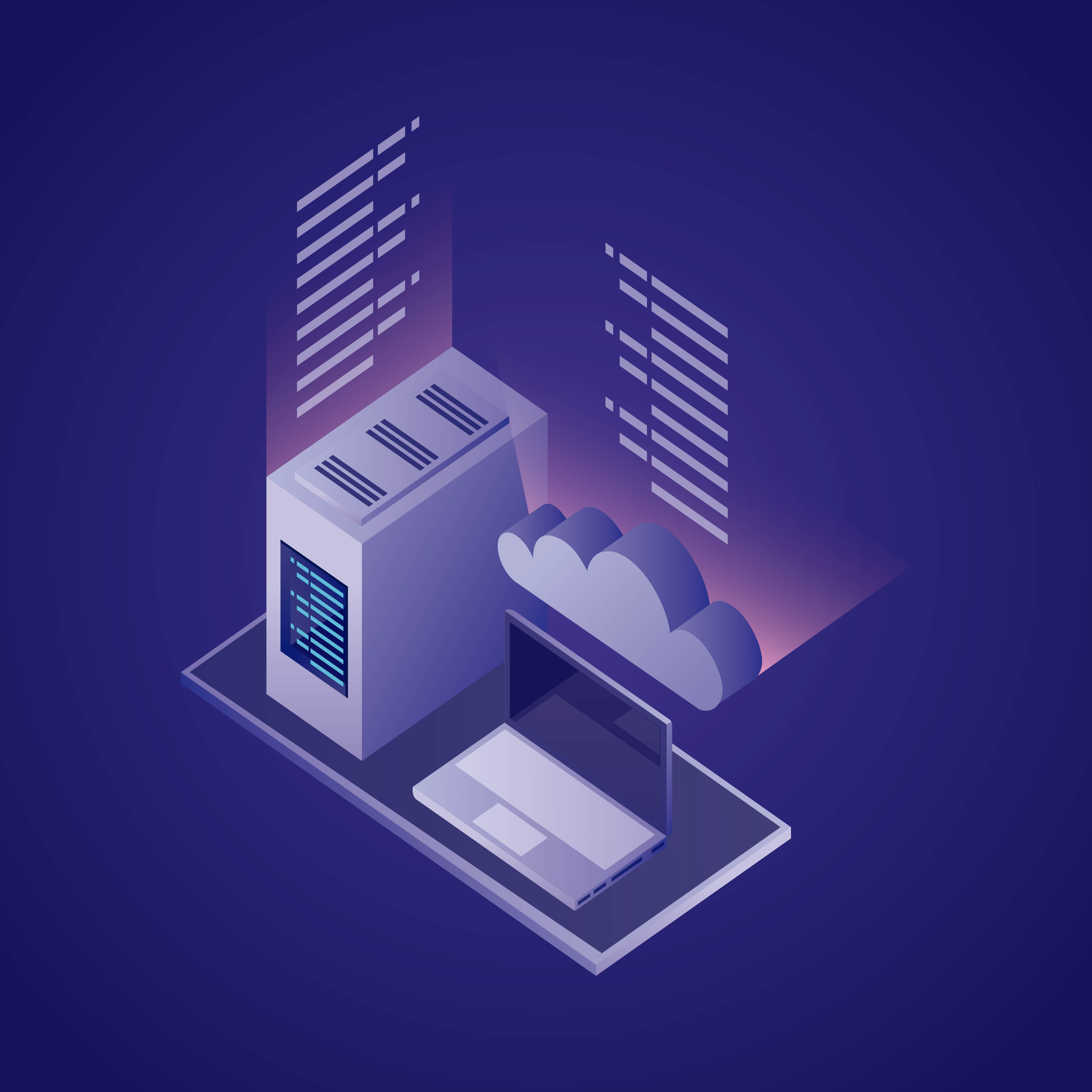 Cloud and computer with laptop on purple background