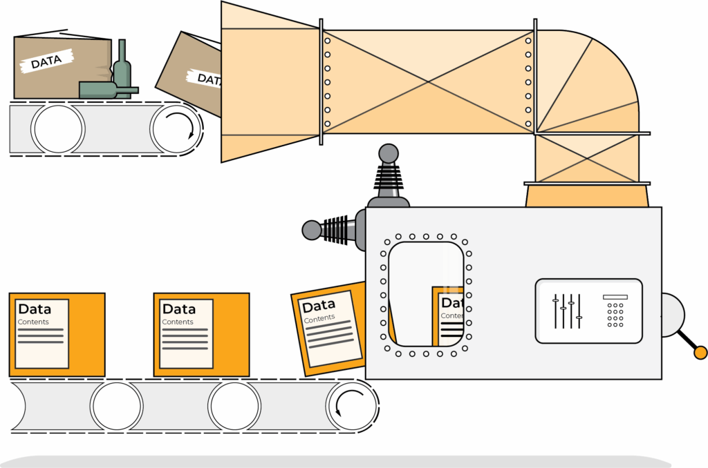 Illustration of data engineering showing items entering manufacturing line and coming out organised in boxes