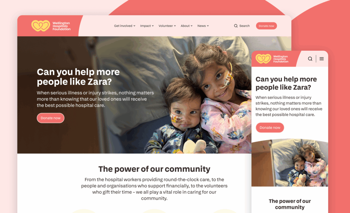 Website homepage shown on colourful graphic