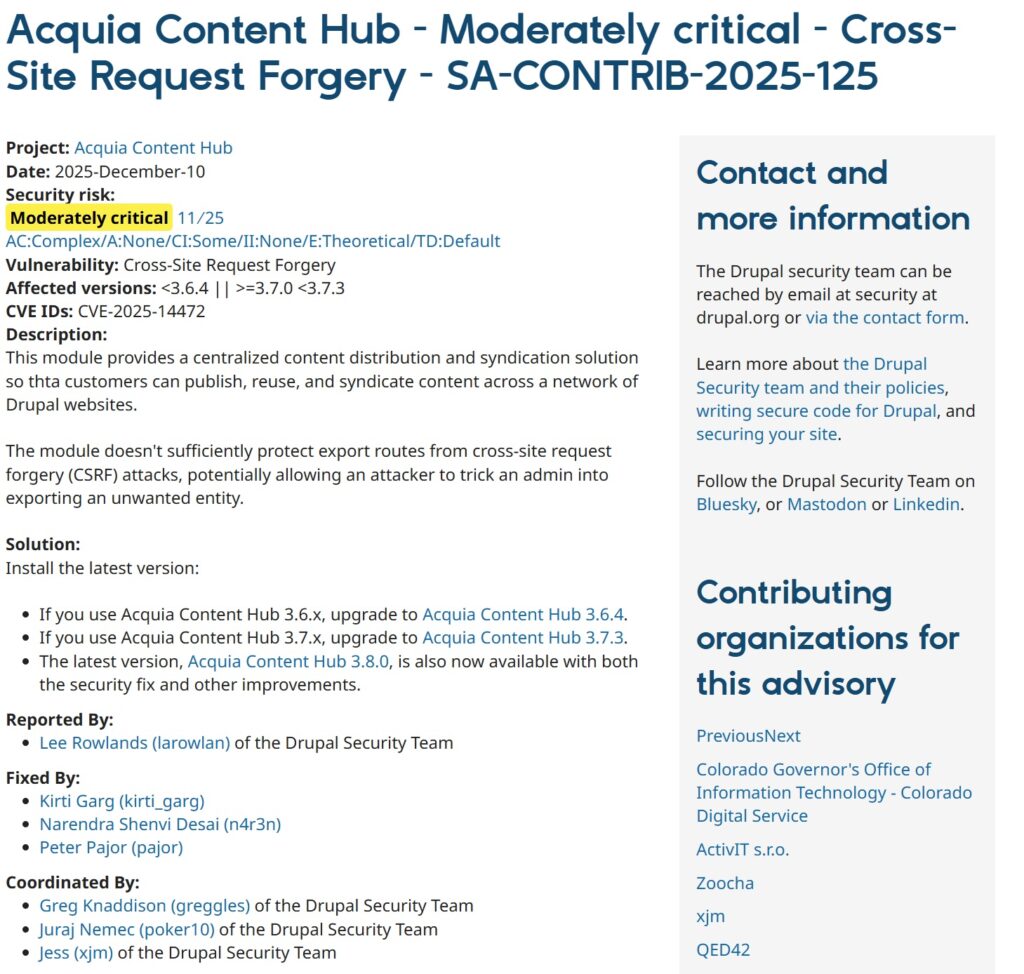 Screenshot of vulnerability of Acquia Content Hub